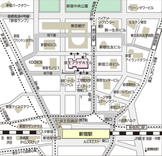 この画像は、京王プラザホテル周辺の地図で、新宿駅からホテルへのアクセスを示しています。以下は地図の詳細な説明です。

- **京王プラザホテル**: 地図の中央に位置し、周囲に多数の商業施設やオフィスビルがあります。

- **新宿駅**:
  - 地図の下部に位置し、JR線、地下鉄線、小田急線、京王線が利用可能。
  - 京王プラザホテルへは徒歩でアクセス可能で、駅から北西方向に向かいます。

- **主要道路**:
  - **新宿通り**: 地図の中央を東西に走り、ホテルの南側に位置。
  - **甲州街道**: 新宿駅の南側を東西に走る主要道路。

- **周辺施設**:
  - **東京都庁**: ホテルの北側に位置し、地下道でアクセス可能。
  - **新宿中央公園**: 東京都庁の北側に位置し、緑豊かな公園。
  - **商業ビル**: 新宿住友ビル、新宿アイランドタワー、ヒルトン東京などが周辺にあります。

- **ランドマーク**:
  - **新宿パークタワー**: 地図の左上に位置し、ホテルから西に向かいます。
  - **グリーンタワービル**: 地図の右上に位置し、ホテルから北東に向かいます。