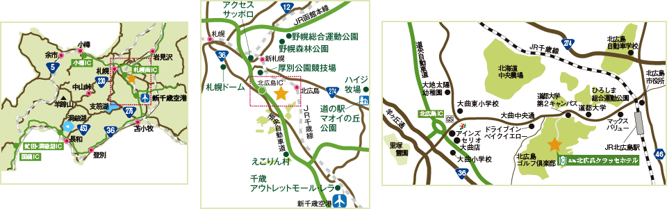 この画像は、3つの異なる地域を示した地図で構成されており、それぞれの地図には主要なランドマーク、道路、施設などが日本語で表示されています。各地図には、周辺の道路網や建物の配置、観光地や交通機関などのポイントが視覚的に示されており、地域の位置関係やアクセス方法を把握しやすい構成となっています。地図は詳細に描かれており、訪問者や旅行者が現地での移動や目的地の確認に役立つよう設計されています。