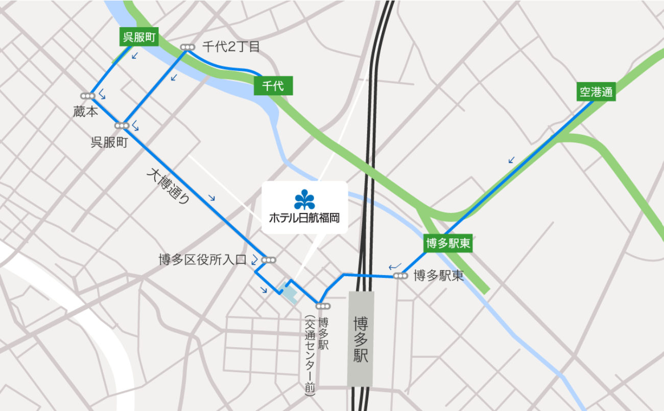 ホテル日航福岡周辺の道路地図。北九州方面（呉服町ランプ経由）と太宰府方面（千代ランプ経由）から車でホテルへ向かう経路を、矢印付きの線で示しています。